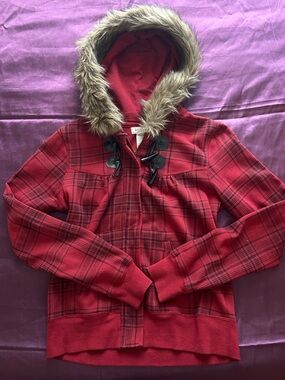 Arizona Jean Company Red Plaid Toggle Hooded Coat with Faux Fur Trim